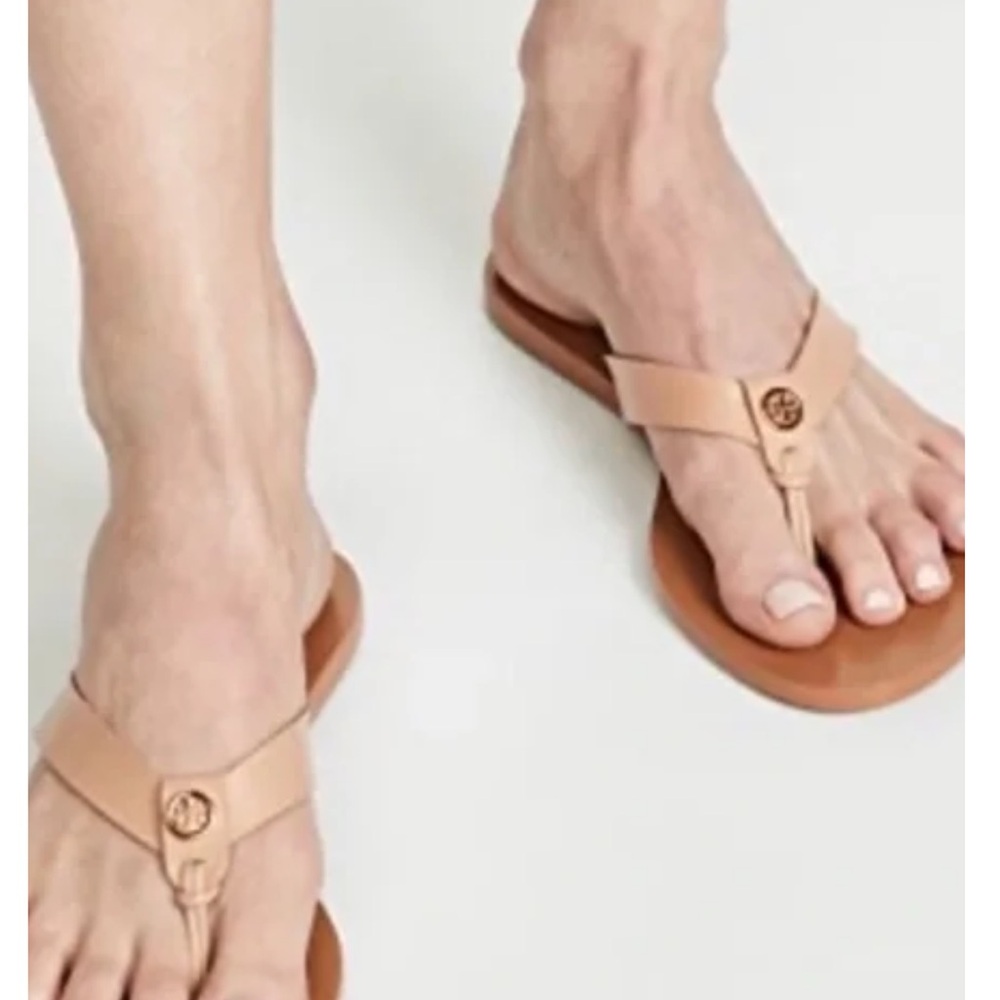 Tan Leather Thong Sandals with Logo Accent Tory Burch